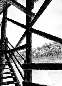 A drawing of the Wharf on the Darling River at Bourke, NSW